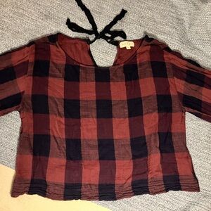 Cloth & Stone Anthropology Mulberry and Black Checkered Top with Tie